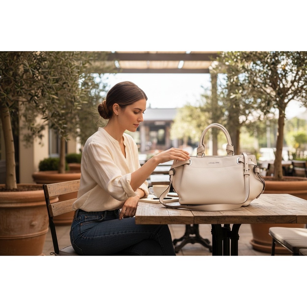 Michael Kors Satchel Bag Womens Medium Cream Good Pebbled Leather Crossbody